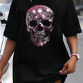 Damen PKDZE Oversized T-Shirt mit heruntergezogenen Schultern - Schwarz mit rosa Pailletten-Skull-Graphic, lässiges Sommer-T-Shirt mit Relaxed Fit, atmungsaktives Statement-Top, maschinenwaschbares Alltags-Shirt für Partys & Freizeitkleidung