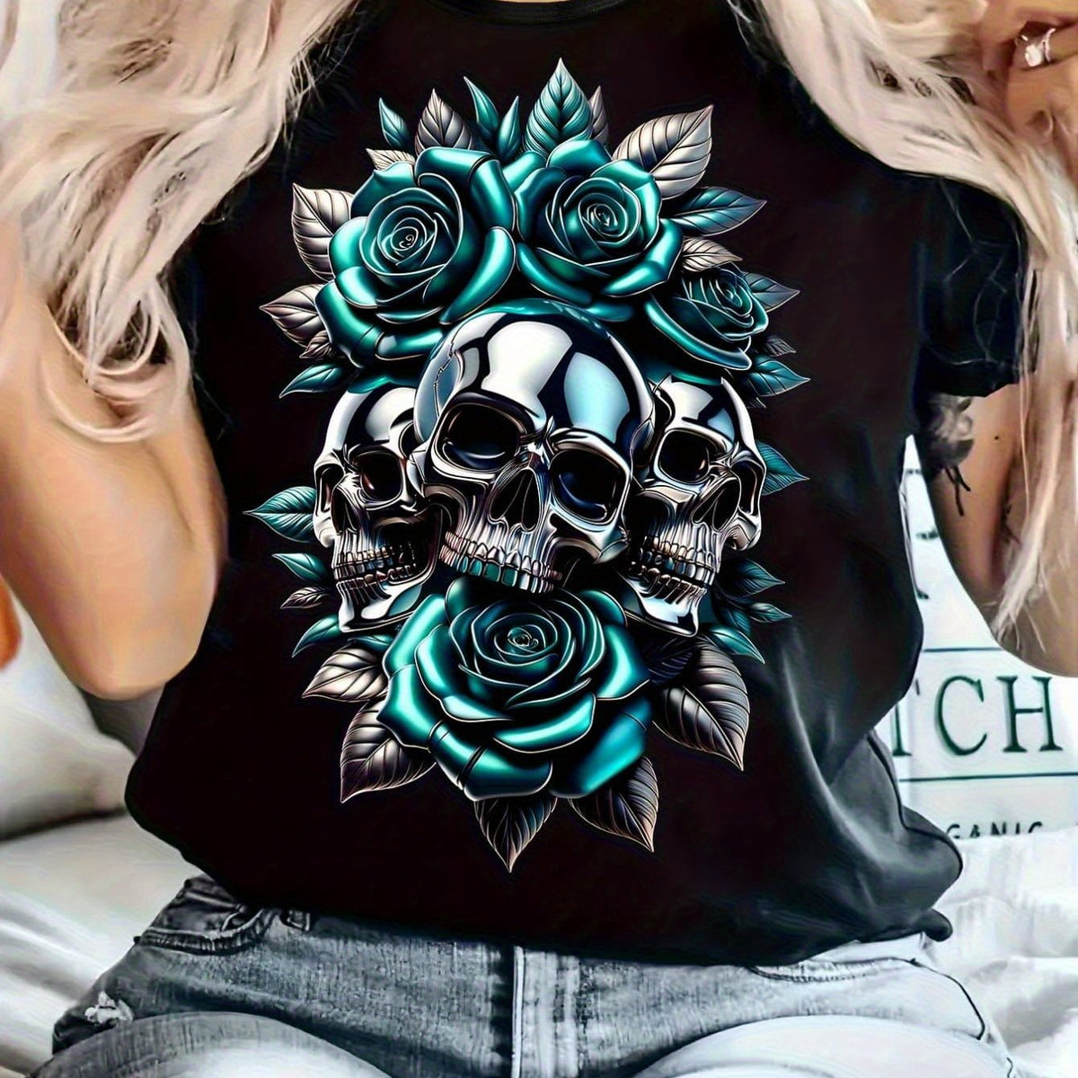 Women'S Round Neck Summer Casual Top, Classic And Simple, Stylish And Versatile, Featuring a Skull Rose Design.