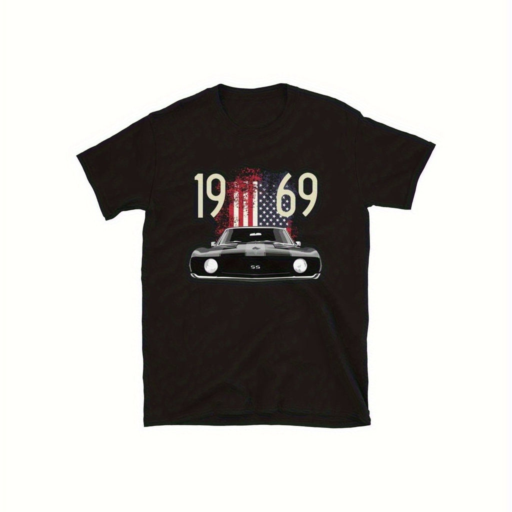 Men's 220g 100% Cotton T-Shirt Black Retro 1969 American Flag & Vintage Car Print