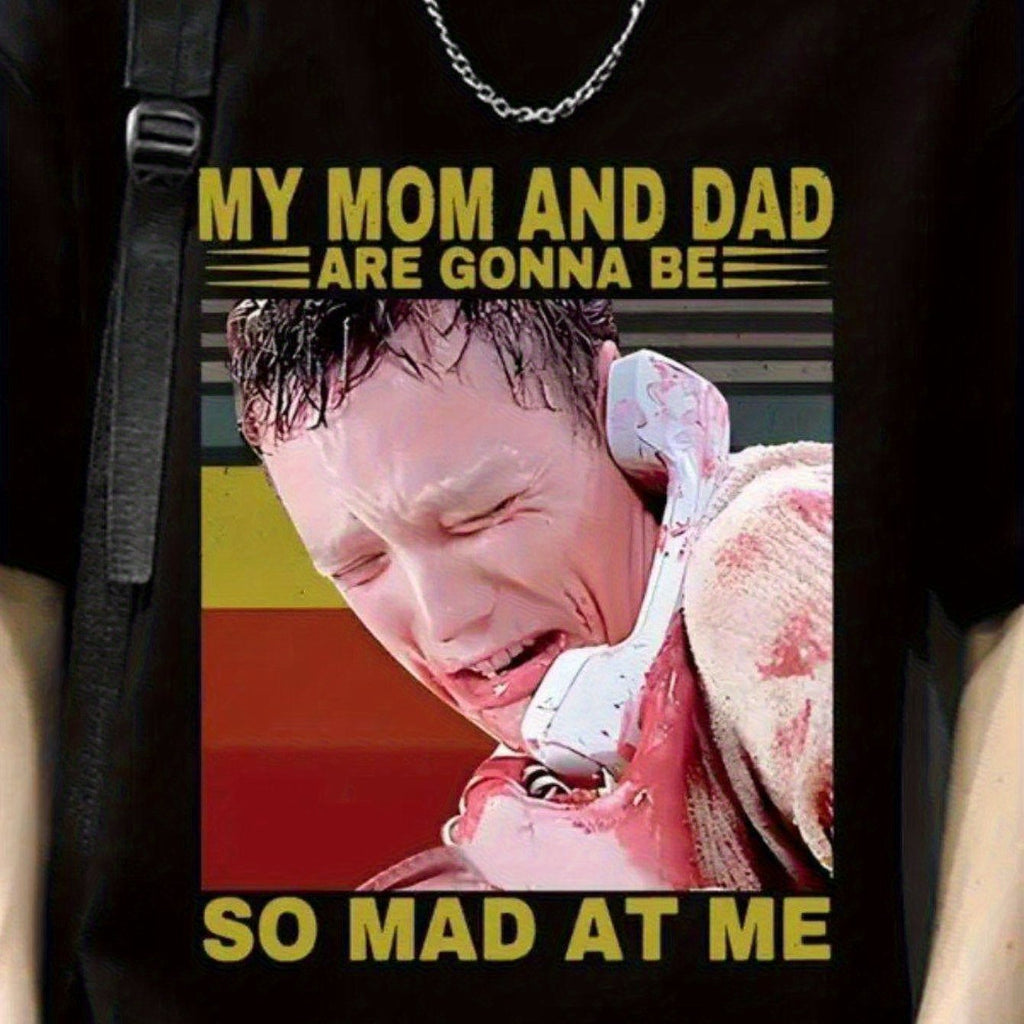 Graphic T-Shirt from The Scream Movie Made of - Features a Horror Print Stating 'My Mom And Dad Will Be Angry at Me' - Designed for Breathability And Moisture-Wicking, This Unisex Crew Neck Top Is Perfect for Casual Outings, Running