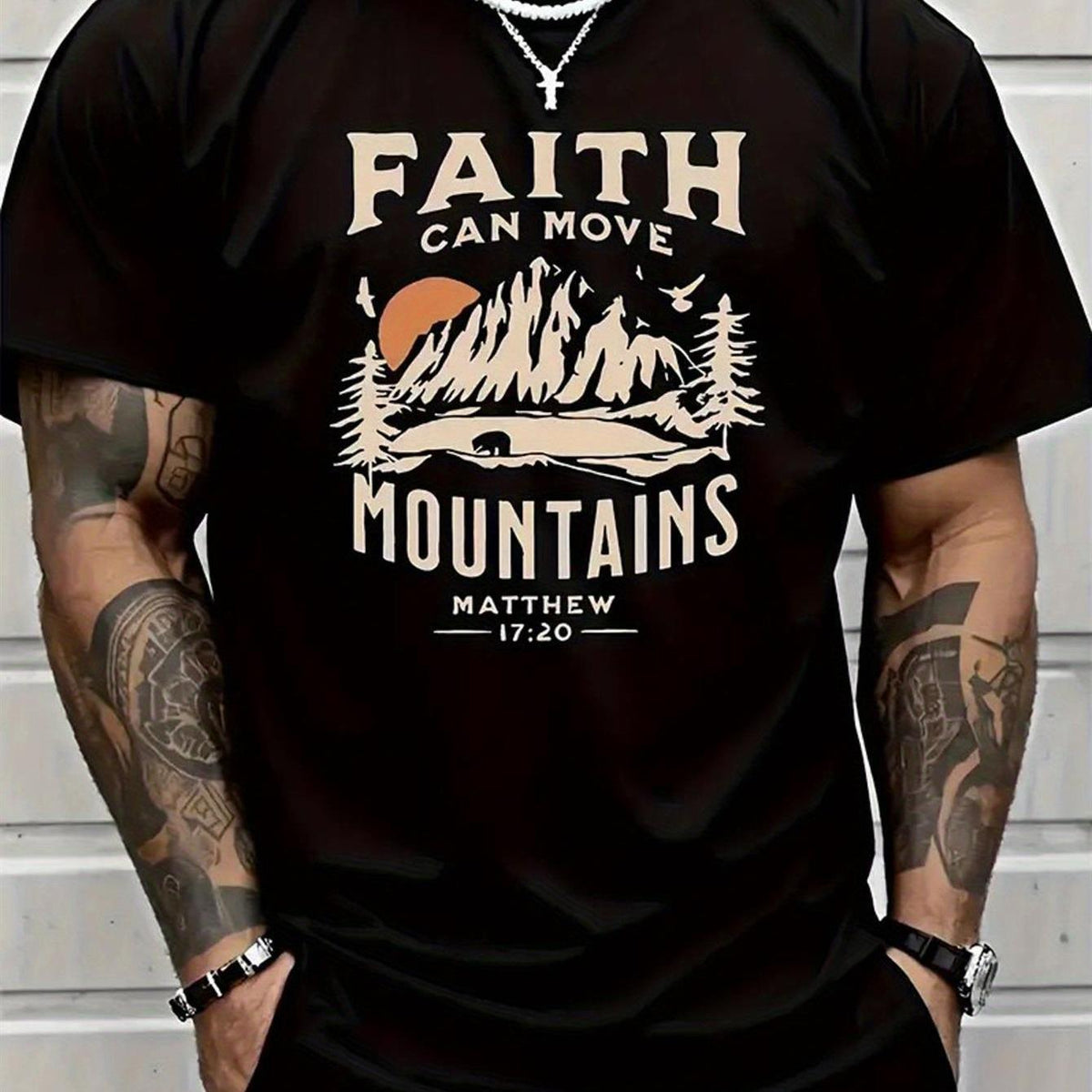 Faith Can Move Mountains Mens 100% Cotton T-Shirt - Inspirational Biblical Print, Round Neck Short Sleeve Casual Tee, Black with White Lettering, Seasonal Trendy High Street Fashion, Casual Wear Faith Inspired Design Comfortable Fit