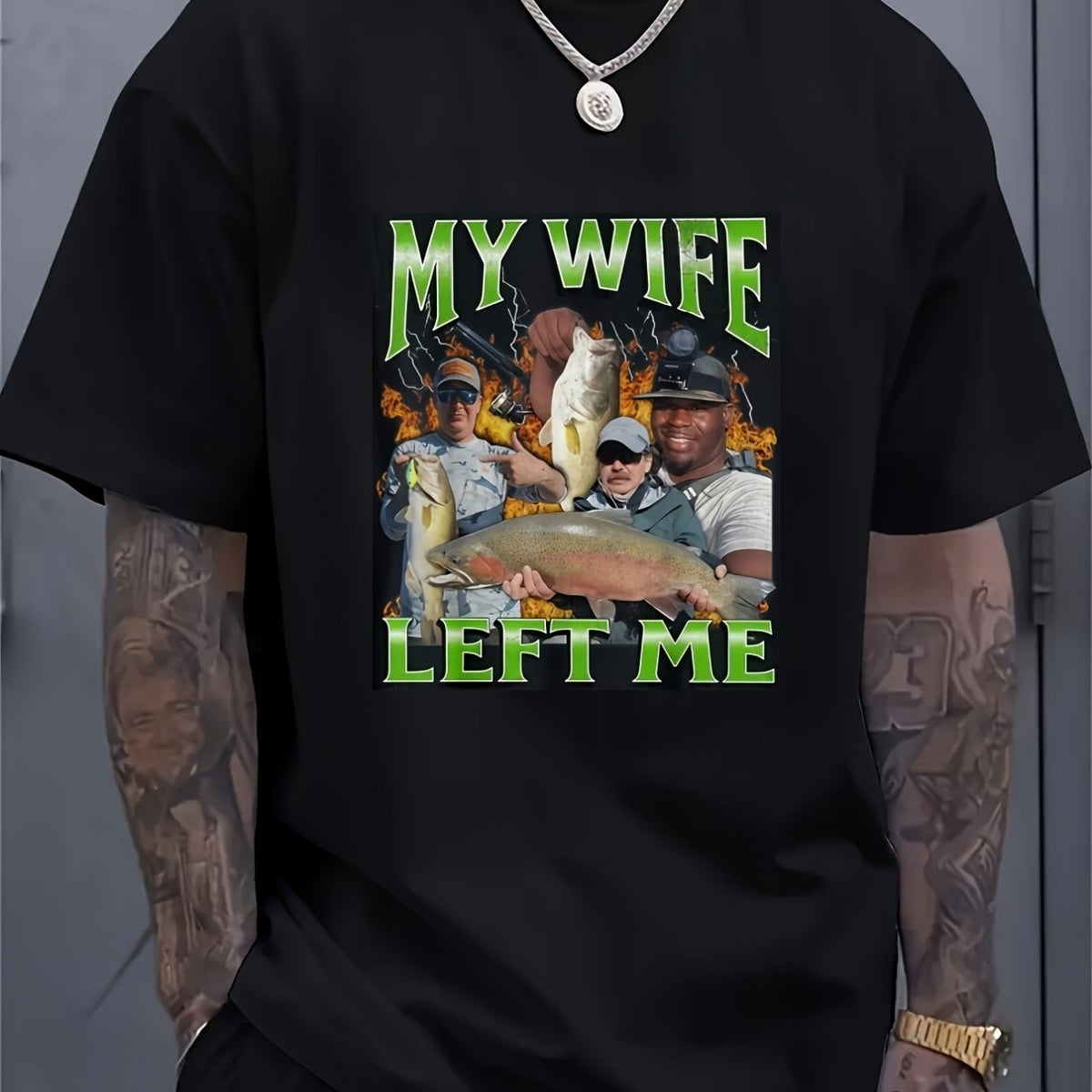 Men's Funny "My Wife Left Me" Fishing Graphic T-Shirt - Bold Novelty Joke Tee with Stretch Comfort Fabric, Machine Washable Casual Shirt Suitable for Fishing Trips & Divorce Humor (Black with / Print)