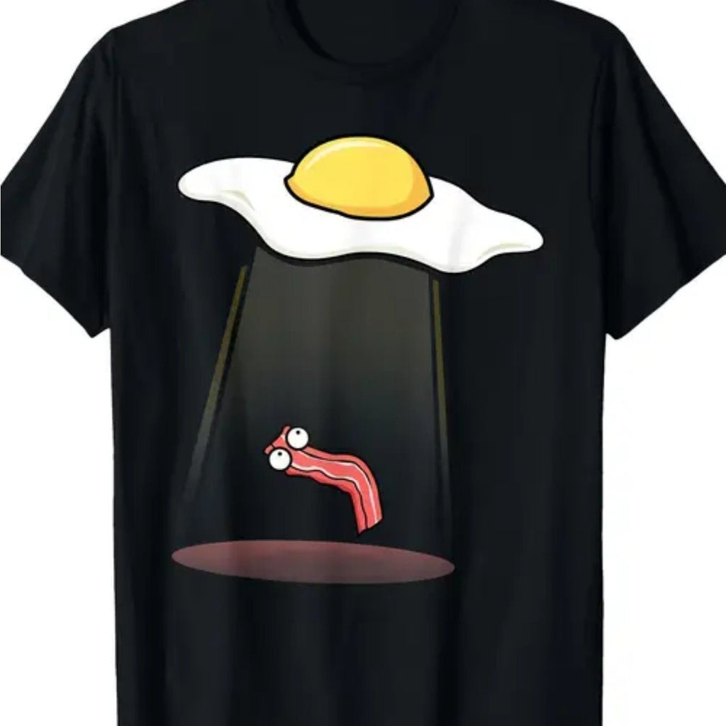 Men'S Humorous Floating Bacon; Sunny-Side-Up Egg Graphic T-Shirt | 100%, Regular Fit, Short Sleeve, Casual Top, Machine Washable, Black, All-Season, Playful Food-Themed Apparel, Comfortable Fit, Easy Care Fabric