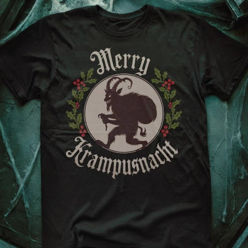 Merry Krampusnacht Horror Movie Inspired T-Shirt - Krampus Design with Austrian Alps Lettering, Unisex Adult Casual Crew Neck Short Sleeve, Comfortable Cotton Fabric, Slight Stretch, Regular Fit Men & Women Gifts