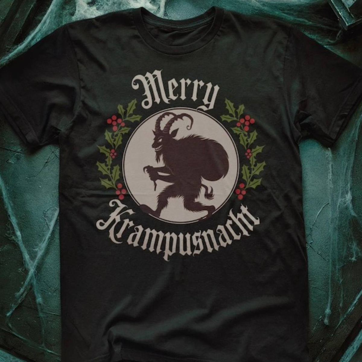 Merry Krampusnacht Horror Movie Inspired T-Shirt - Krampus Design with Austrian Alps Lettering, Unisex Adult Casual Crew Neck Short Sleeve, Comfortable Cotton Fabric, Slight Stretch, Regular Fit Men & Women Gifts