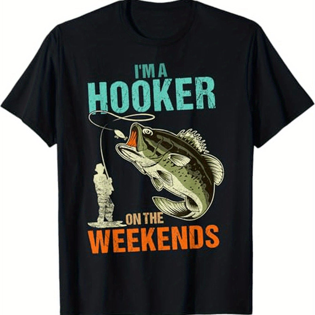 Men's Vintage "I'm A Hooker On The Weekend" Funny Fishing Graphic T-Shirt - Black Casual Short Sleeve Tee with Humorous Fisherman Design, Regular Fit, Machine Washable, Fishing T Shirt