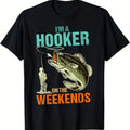 Men's Vintage "I'm A Hooker On The Weekend" Funny Fishing Graphic T-Shirt - Black Casual Short Sleeve Tee with Humorous Fisherman Design, Regular Fit, Machine Washable, Fishing T Shirt