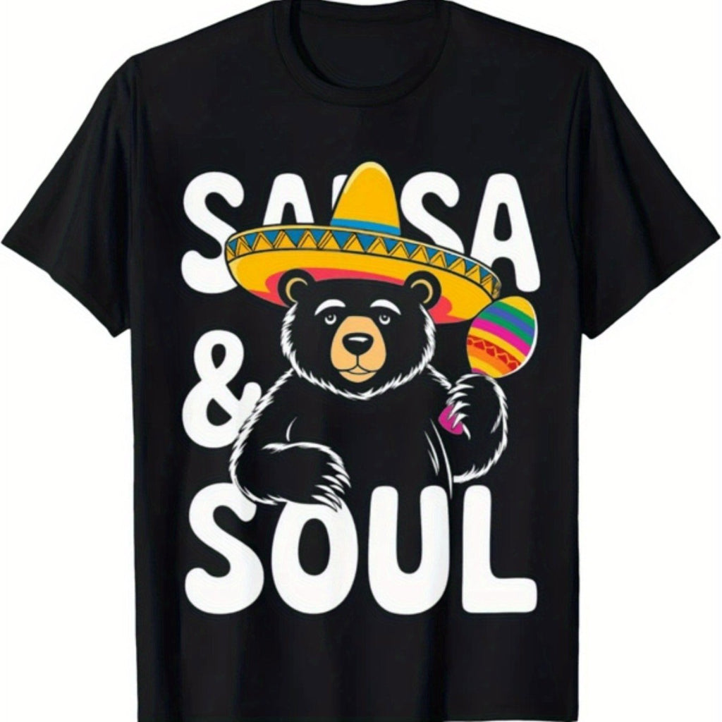 Men'S Funny Salsa Graphic T-Shirt - Cheerful Bear in Sombrero & Maracas Design, Mexican-Themed Party Shirt with Salsa Dancing Bear & Sombrero Print, Casual Round Neck Tee Themed Events & Casual Attire, All-Seaso Gifts