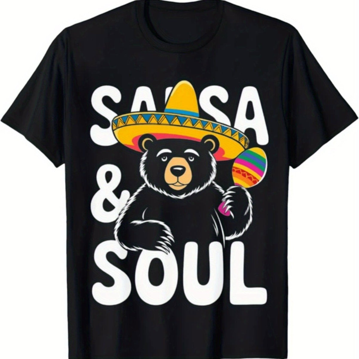 Men'S Funny Salsa Graphic T-Shirt - Cheerful Bear in Sombrero & Maracas Design, Mexican-Themed Party Shirt with Salsa Dancing Bear & Sombrero Print, Casual Round Neck Tee Themed Events & Casual Attire, All-Seaso Gifts