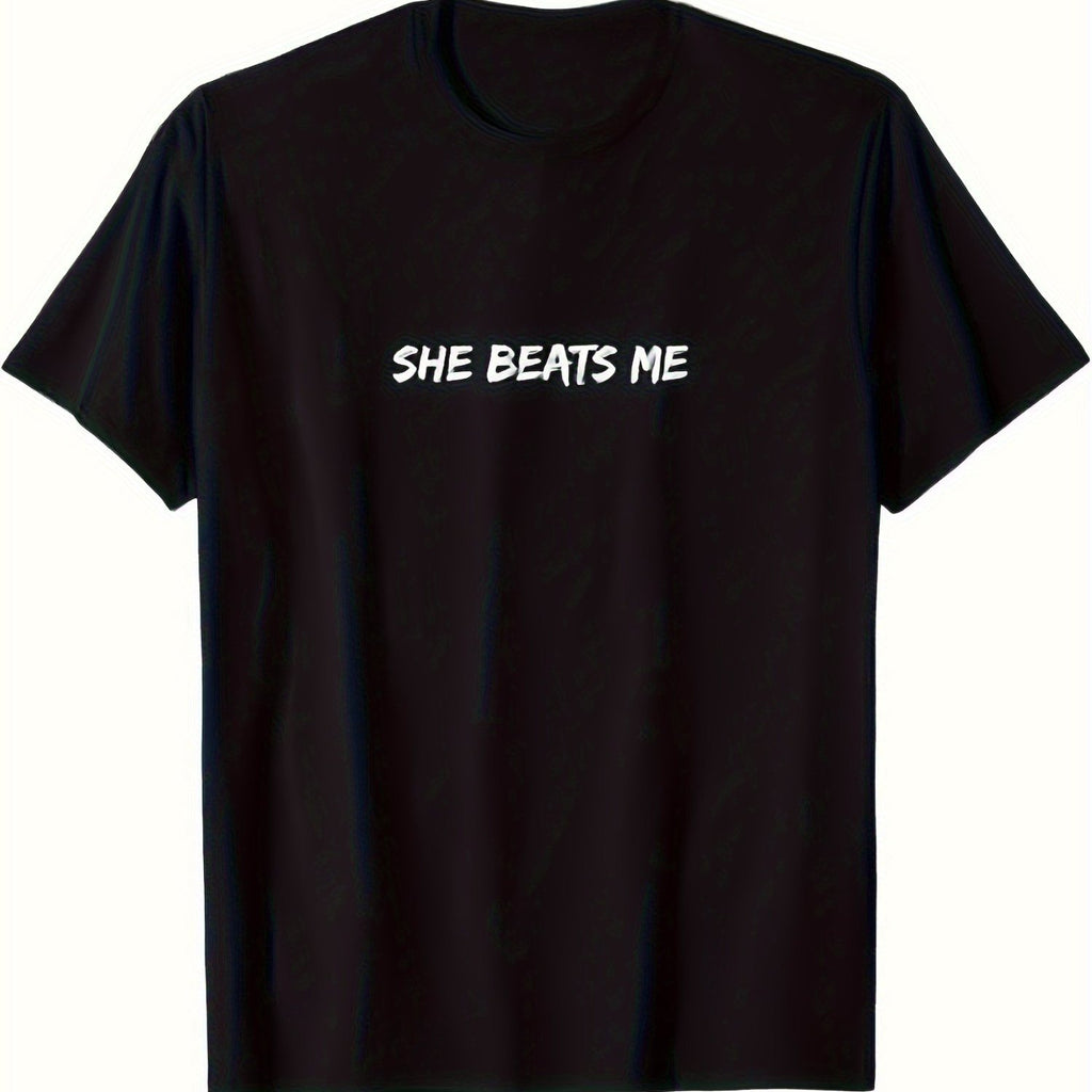 Men's she Beatts Me Graphic T-Shirt - 100% Quick-Dry Crew Neck Casual Tee, 220gsm Short Sleeve Shirt with 'she Beatts Me' Print, Ideal for Father's Day, Christmas Gifts & Year-Round Wear (Black) - Comfortable Fit for s