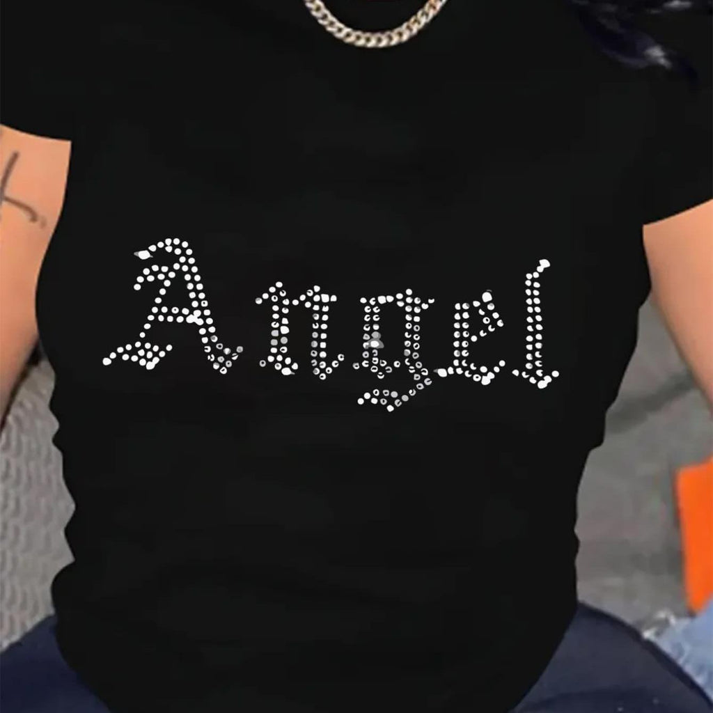 Women'S Summer Casual Round Neck T-Shirt with Angel Rhinestone Design - Black, Short Sleeve, Geometric Pattern, Lightweight & Breathable Fabric, Perfect for Casual Attire, Ladies T Shirts