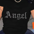 Women'S Summer Casual Round Neck T-Shirt with Angel Rhinestone Design - Black, Short Sleeve, Geometric Pattern, Lightweight & Breathable Fabric, Perfect for Casual Attire, Ladies T Shirts