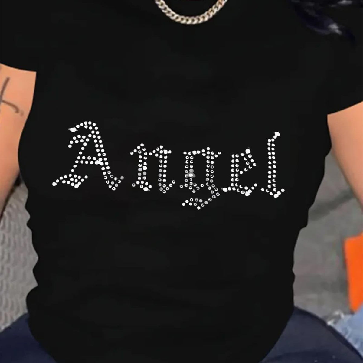 Women'S Summer Casual Round Neck T-Shirt with Angel Rhinestone Design - Black, Short Sleeve, Geometric Pattern, Lightweight & Breathable Fabric, Perfect for Casual Attire, Ladies T Shirts