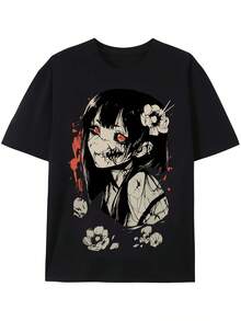 Herren Gothic Horror Anime Grafik T-Shirt - Japanisch inspiriert, schwarz mit rotem und weißem Druck, lässiges Rundhals-T-Shirt, weiche Strickstoff, perfekt für Horrorfans und Gothic Style