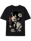 Herren Gothic Horror Anime Grafik T-Shirt - Japanisch inspiriert, schwarz mit rotem und weißem Druck, lässiges Rundhals-T-Shirt, weiche Strickstoff, perfekt für Horrorfans und Gothic Style