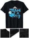 Mens Soft Cotton Team Boy Gender Reveal T-Shirt - Black With Blue & White Graphic Print, Short Sleeve Round Neck Casual Shirt For Teen Parties, Casual Attire & Gifts, Teenage Boy Shirts, Party Attire, Playful Print, Durable Print