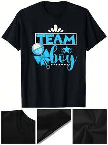 Mens Soft Cotton Team Boy Gender Reveal T-Shirt - Black With Blue & White Graphic Print, Short Sleeve Round Neck Casual Shirt For Teen Parties, Casual Attire & Gifts, Teenage Boy Shirts, Party Attire, Playful Print, Durable Print