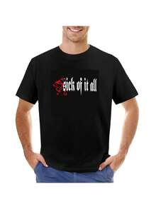"Sick of It All" Grafik-T-Shirt für Herren - Kühner Rot-Weißer Druck, Lässiges Rundhalsshirt, Reguläre Passform, Ganzjahreskomfort, Maschinenwaschbar