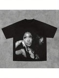 Übergroßes Unisex-T-Shirt - Schwarzes Retro Hip-Hop Grafikshirt Mit Geometrischem Porträtdruck, Y2K Harajuku Streetwear-Stil, Maschinenwaschbares Freizeitoberteil Für Männer & Frauen