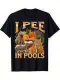 Herren-T-Shirt Ich Pisse In Schwimmbädern Lustiges Capybara-Meme - 100% Baumwolle 220gsm Schwarzes Y2K Retro Casual Tee Mit Kräftigem Orangendruck, Kurzarm Rundhals Humorvolles Novelty-Oberteil Für Erwachsene