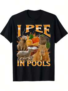 Herren-T-Shirt Ich Pisse In Schwimmbädern Lustiges Capybara-Meme - 100% Baumwolle 220gsm Schwarzes Y2K Retro Casual Tee Mit Kräftigem Orangendruck, Kurzarm Rundhals Humorvolles Novelty-Oberteil Für Erwachsene