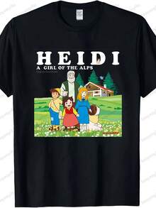 Heidi Die Alpen Cartoon Muster T-Shirt - 100% Baumwolle Unisex Lässig Shirt Mit Lebendigem Alpendesign, 200g/m² schweres Gewebe, Maschinenwaschbar, Ganzjahres-Komfort für Männer & Frauen