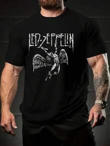 Herren Sommer Lässig Grafik-Shirt - Schwarzes Polyester Rundhals T-Shirt mit LED ZEPPIN' Muster & Flügel Design, leicht & atmungsaktiv Lässig Bekleidung