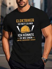 Herren Lässig Kurzarm T-Shirt - Lustiger deutscher Elektriker Slogan & Grafik eines geometrischen Schutzhelms, 100% Baumwolle, locker geschnitten, königsblau, maschinenwaschbar