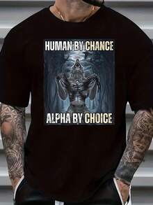 Men's Black Graphic T-Shirt with Wolf & Human by Chance, Alpha by Choice Text - Premium 100% Cotton Short Sleeve Tee, Regular Fit Casual Shirt for Casual Attire, Machine Washable Top