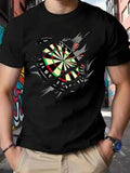 Men's Black Dart Board Graphic T-Shirt - 100% Cotton Casual Crew Neck Short Sleeve Tee with Dart Flight & Bullseye Print for Darts Players & Casual Attire, Sporty T Shirts, Funny Billards Shirt