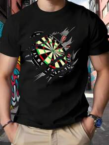 Men's Black Dart Board Graphic T-Shirt - 100% Cotton Casual Crew Neck Short Sleeve Tee with Dart Flight & Bullseye Print for Darts Players & Casual Attire, Sporty T Shirts, Funny Billards Shirt