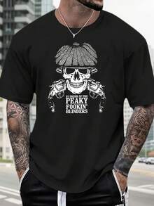 Herren-T-Shirt aus 100% Baumwolle - Grafik mit Schädel & Regenschirm und Peaky Fookin' Blinders Text - Lässiges Kurzarmshirt mit Rundhalsausschnitt für Freizeitkleidung - Maschinenwaschbar, Normale Passform, Vintage-Stil, Strapazierfähiger Stoff