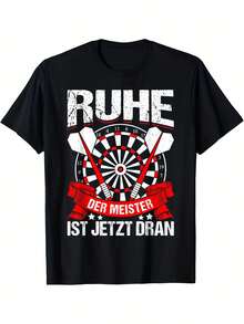 Herren Schwarzes Darts-Themen T-Shirt - RUHE DER MEISTER IST JETZT DRAN Design mit Dartscheibe & Bändern, Lässiges Baumwoll-T-Shirt für Darts-Enthusiasten, Lässiges Oberteil Sportliche Freizeitkleidung Baumwollstoff