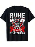 Herren Schwarzes Darts-Themen T-Shirt - RUHE DER MEISTER IST JETZT DRAN Design mit Dartscheibe & Bändern, Lässiges Baumwoll-T-Shirt für Darts-Enthusiasten, Lässiges Oberteil Sportliche Freizeitkleidung Baumwollstoff
