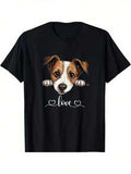 1 Stück Herren Baumwoll-T-Shirt Mit Süßer Grafik Für Jack Russell Terrier Hund, "Liebe"-Muster, Rundhalsausschnitt, Kurzarm, Regular Fit, Cartoon-Muster, Strickstoff - Schwarz