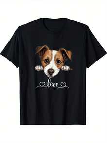 1 Stück Herren Baumwoll-T-Shirt Mit Süßer Grafik Für Jack Russell Terrier Hund, "Liebe"-Muster, Rundhalsausschnitt, Kurzarm, Regular Fit, Cartoon-Muster, Strickstoff - Schwarz