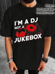 1 Stück Herren DJ Grafik Baumwoll-T-Shirt - 3D-Druck Ich Bin Ein DJ, Kein Jukebox Design Mit Kopfhörern & Plattenspieler, 180g/m² Allseason-Stoff, Regular Fit Rundhals-Shirt Für Freizeitkleidung, Outdoor-Aktivitäten & Musikliebhaber, Bequemes Dj-Geschenk