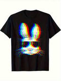 T-Shirt Mit Schwarzen Neon-Kaninchen-Modemasken Für Herren - Retro-Vaporwave-Design, Weicher Baumwollstrick Mit Kurzen Ärmeln Und Runder Ausschnitt Für Ostern, Karnevalspartys Und EDM-Events, Party-Outfit, Lebendige Drucke, Bequemer Schnitt