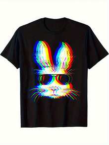 T-Shirt Mit Schwarzen Neon-Kaninchen-Modemasken Für Herren - Retro-Vaporwave-Design, Weicher Baumwollstrick Mit Kurzen Ärmeln Und Runder Ausschnitt Für Ostern, Karnevalspartys Und EDM-Events, Party-Outfit, Lebendige Drucke, Bequemer Schnitt