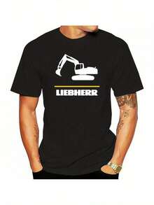 Herren Liebherr Bagger Logo Grafik T-Shirt - Retro Vintage Stil Weißes Tee Mit Schwarz & Gelb Geometrisches Design, Lockerer Fit Kurzarm, Maschinenwaschbar Sommer Casual Top 3384A, Modisches Grafikdruck T-Shirt