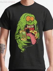 Ghostbusters 100% Baumwolle Crewneck T-Shirt Mit Spielerischem Slimer& Pizza Graphic - Schwarz Casual Kurzarm T-Shirt Für Männer, Regular Fit, Maschinenwaschbar, Größen S-3XL, Pop Culture Clothing Nostalgia Apparel Durable Print