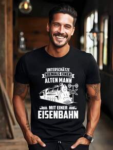 Herren Vintage Dampflokomotive Grafik T-Shirt - Lustige Deutsche Eisenbahn-Sprüche & Zugdesign, Schwarzes 100% Baumwolle Kurzarmshirt für Bahnliebhaber, Modellbahnhobby Kleidung