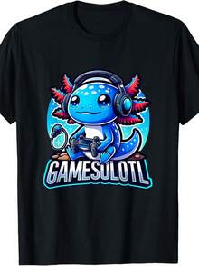 EWHGamesolotl Herren Schwarz Axolotl Gamer Anime T-Shirt – 100 % Baumwolle Kurzarmshirt mit süßem Gaming-Axolotl & Kopfhörer-Grafik, lebendiger Digitaldruck, Regular Fit für erwachsene Gamer, Anime-Shirt