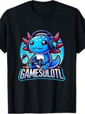 EWHGamesolotl Herren Schwarz Axolotl Gamer Anime T-Shirt – 100 % Baumwolle Kurzarmshirt mit süßem Gaming-Axolotl & Kopfhörer-Grafik, lebendiger Digitaldruck, Regular Fit für erwachsene Gamer, Anime-Shirt