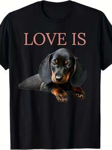 Herren Dackel-Liebhaber T-Shirt - Lustiges Liebe Ist Wiener & Grafikdruck Mit Dackel, 180 g/m² schweres 100% Baumwoll-Rundhals-Tee für Dackelbesitzer, Frühling Sommer Herbst Outfits, Gym & Outdoor-Aktivitäten,