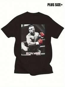 Herren Große Größen Baumwolle T-Shirt mit lockerer Passform - Retro Boxen Grafik-Print mit Mike Tyson Motiv, schwarz-weiß gestreift, Rundhalsausschnitt Kurzarm, atmungsaktives Sommer Casual Shirt, maschinenwaschbar