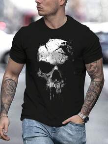 Herren T-Shirt mit 3D-Totenkopf-Muster - 100% Baumwolle, weicher Rundhalsausschnitt, kurze Ärmel, leichtes 180g/m² atmungsaktives Material, lässige Streetwear für Sommer, Outdoor & Freizeit