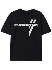 Herren Polyester Rundhals T-Shirt mit Rammstein-Muster - Lässiges Slim Fit Strick-Oberteil, mittlere Elastizität, Sommer Kurzarm-Pullover geeignet für unterwegs