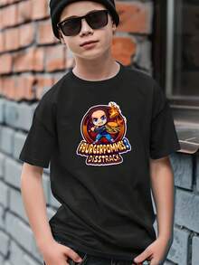Jungen Burger Pompon Muster T-Shirt - Schwarz Lässig, Maschinenwäsche, Kurzarm Sommer T-Shirt mit lustigem Cartoon Design, Jungen Hemd