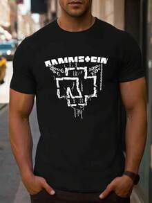 Herren T-Shirt mit Rammstein Grafikdruck, schwarze Baumwollmischung, kurzärmelig, Rundhalsausschnitt, lässiger Sommerlook, bequem und atmungsaktiv für Outdoor-Aktivitäten